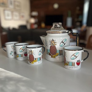 5 Piece Set of Vintage Ambrosia Enamelware Coffee Carafe & Cups by Georges Briard | Vintage Camping | Briard Coffee Pot | Briard Coffee Cups
