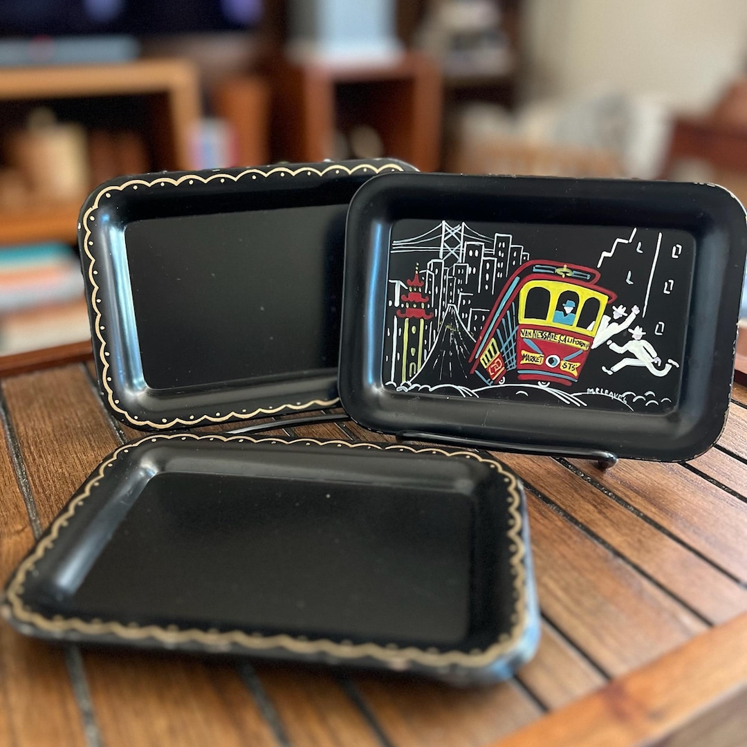 Vintage Set of 6 Black Metal Snack Trays by ET Nash Co | Check Tray ...