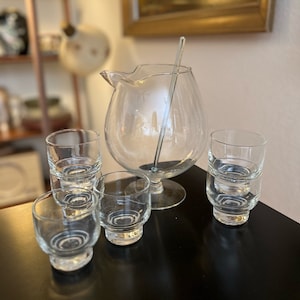 Vintage 8-Piece Set Mid Century Martini Cocktail Pitcher and Footed Glasses | Snifter Shape Pitcher and Glasses | Glass MCM Martini Bar Set