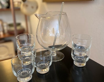 Vintage 8-Piece Set Mid Century Martini Cocktail Pitcher and Footed Glasses | Snifter Shape Pitcher and Glasses | Glass MCM Martini Bar Set