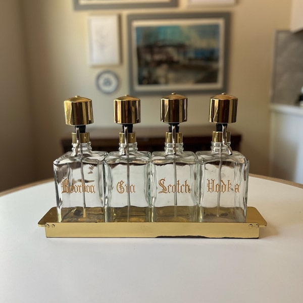 5-Piece Liquor Dispenser Set with Gold and Brass Details Made in Denmark | Bourbon Gin Scotch Vodka Decanters | Speed Rack | Retro Barware