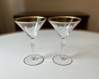 Vintage Pair of Gold Trim Optic 6 Oz Martini Glasses | Sold in Set of 2 | Vintage Martini | Vintage Cocktail Glass | Gold Trim Martini Glass