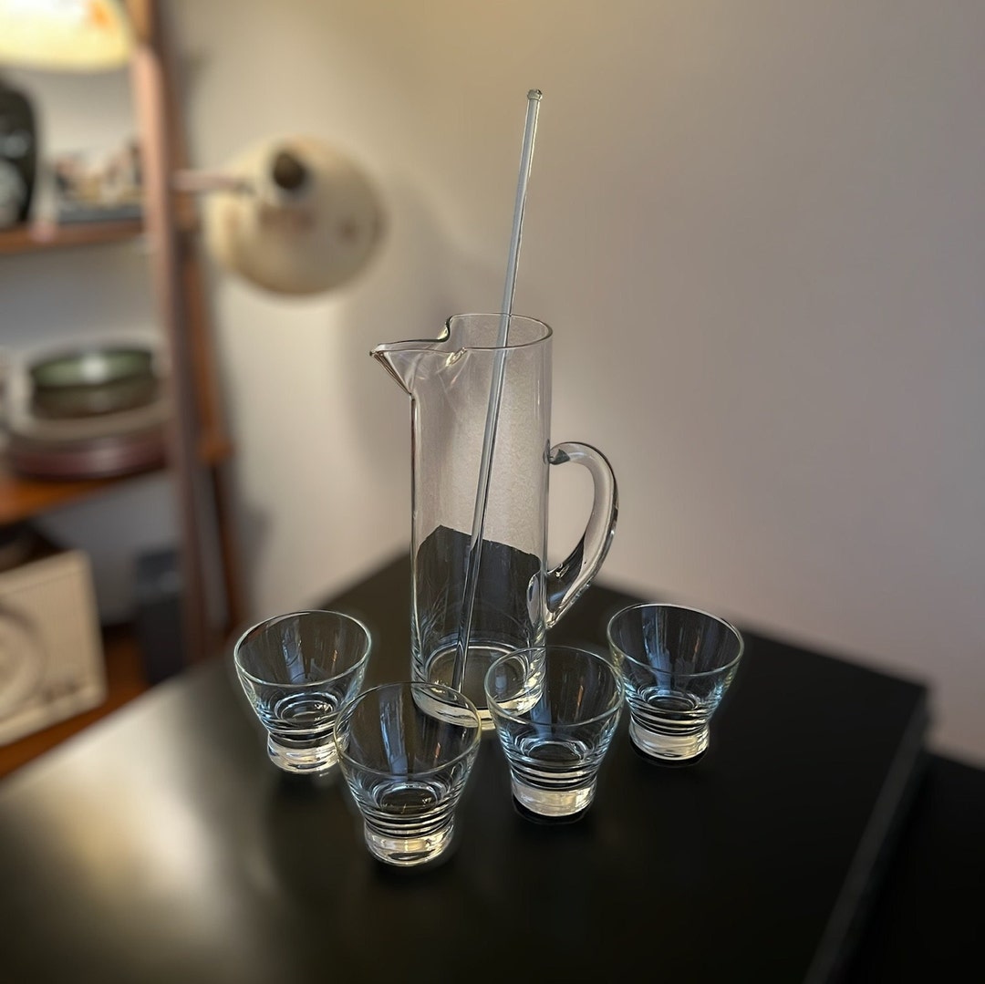 6piece Set Vintage Mid Century Martini Pitcher, Stirrer and Stemless