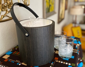 Mid Century Acrylic Handle Faux Wood Bucket Brigade Ice Bucket by Morgan Designs | Morgan Ice Bucket | Bar Accessories | Mid Century Bar Ice