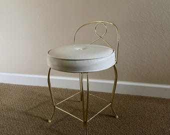Mid Century Metal and Vinyl Vanity Chair by George Koch Sons, Inc. | Hollywood Regency Vanity Chair | Gold White Vanity Chair | Koch Chair