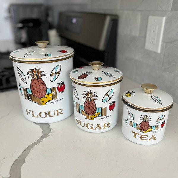 Your Choice of Vintage Ambrosia Enamelware Canisters by Georges Briard | Sold Separately | Flour Canister | Sugar Canister | Tea Canister