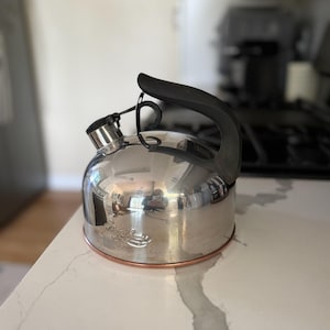 May include: A stainless steel stovetop kettle with a black handle and spout. The kettle has a copper-colored base and a reflective surface. The kettle is designed for heating water on a stovetop.