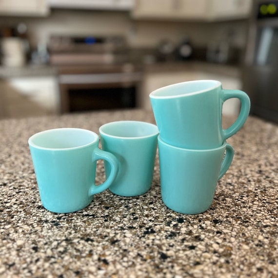 Set of 4 Vintage Aqua and White Milk Glass Coffee Mugs Vintage Aqua Mug Set  Unbranded Milk Glass Vintage Coffee Mug Set Retro Mugs 