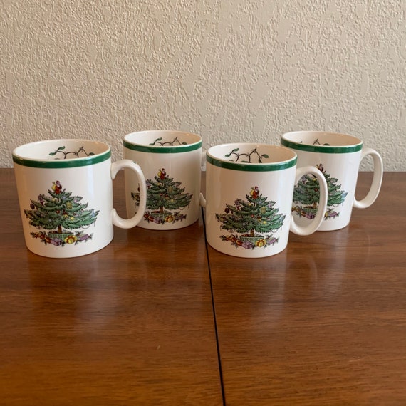 Set of 4 Christmas Tree Tom & Jerry Mugs Green Trim Crafted in