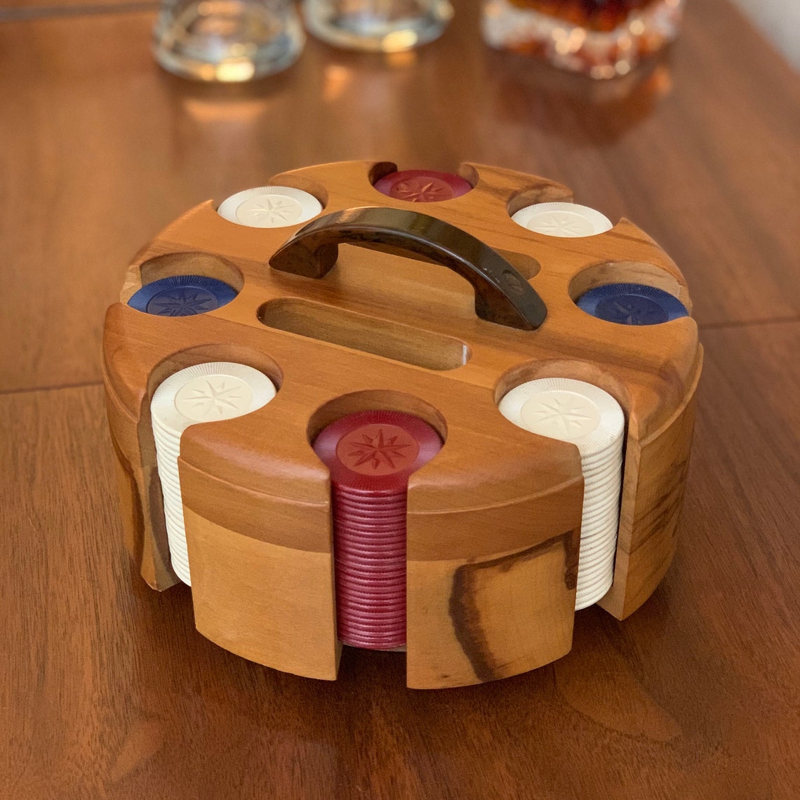 Vintage Solid Wood Poker Chip Carousel and 2 Deck Card Holder Etsy