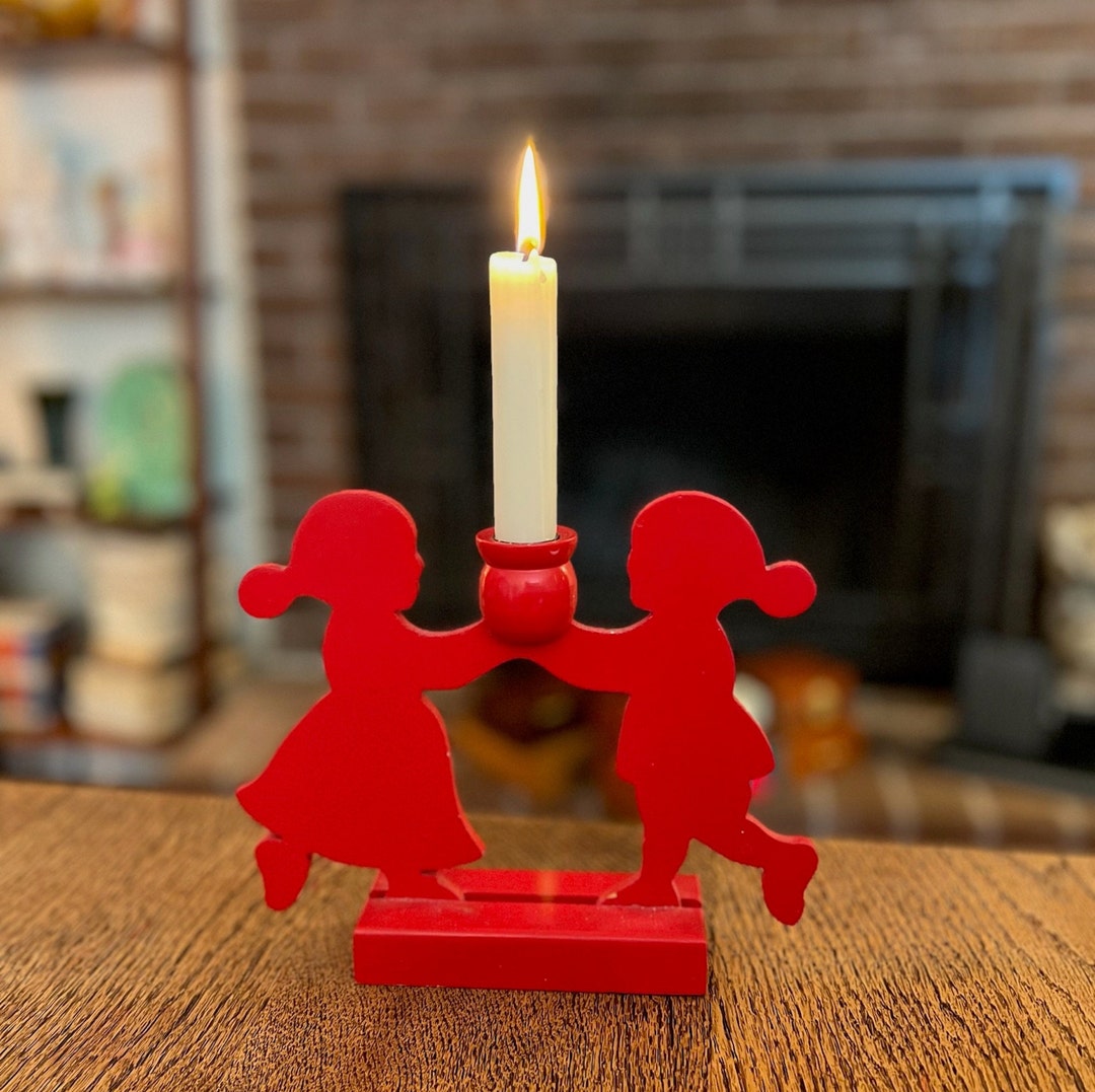 Vintage Wooden Boy and Girl Candle Holder Made in Sweden Wooden Candle