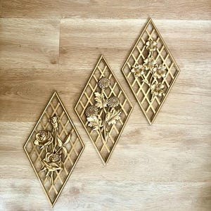 Set of Three Cast Metal Gold Flower Wall Hangings by Vermay | Rose Mum Dogwood | Hollywood Regency | Mid Century Wall Decor | Golden Flowers