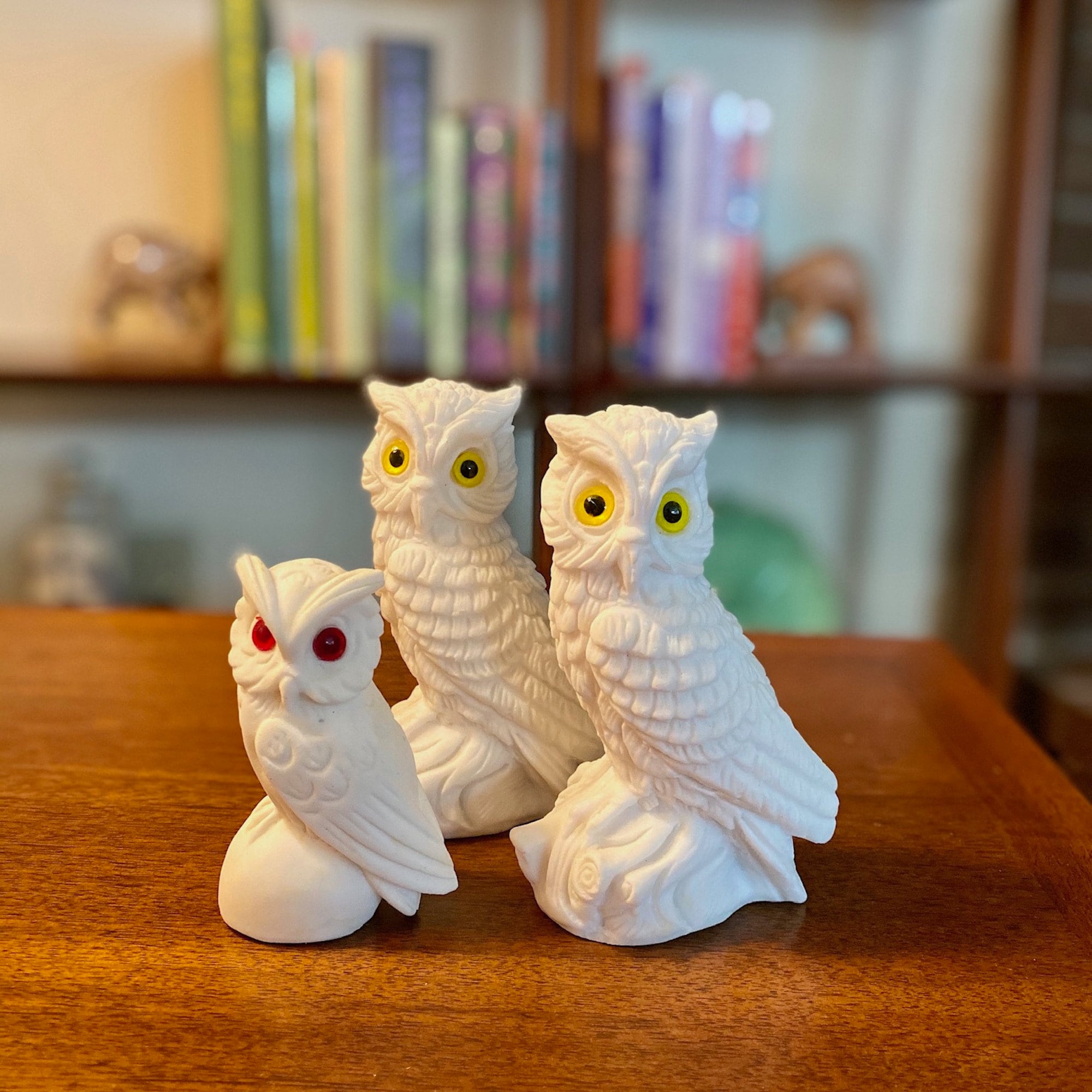 Italian Alabaster Family of White Horned Owls | Vintage Figurines | Made in Italy | Vintage Owls | O