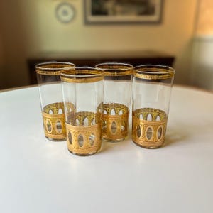 Vintage Set of 4 Antigua Gold Ovals 12 oz Highball Glasses by Culver | MCM Bar | Vintage Culver Antigua | Culver Gold Glasses | 22K Gold