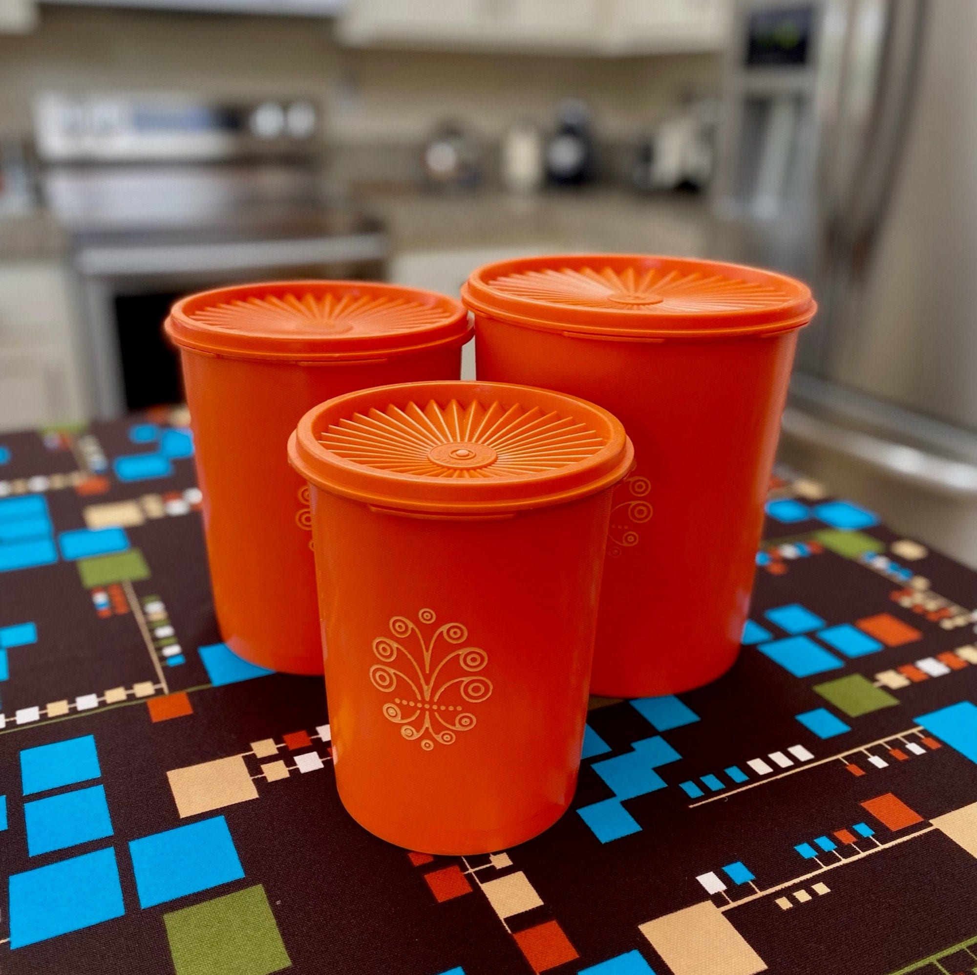 Set of 3 Tangerine Orange Stacking Decorator Canisters by