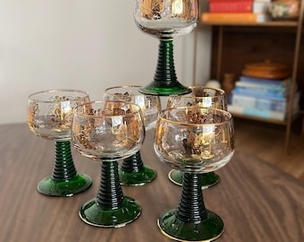 Set of 6 Vintage Roemer Green Stem with Gold Detail Wine Glasses Made in Germany | MCM Green Glasses | German Roemer | Ribbed Roemer Glasses
