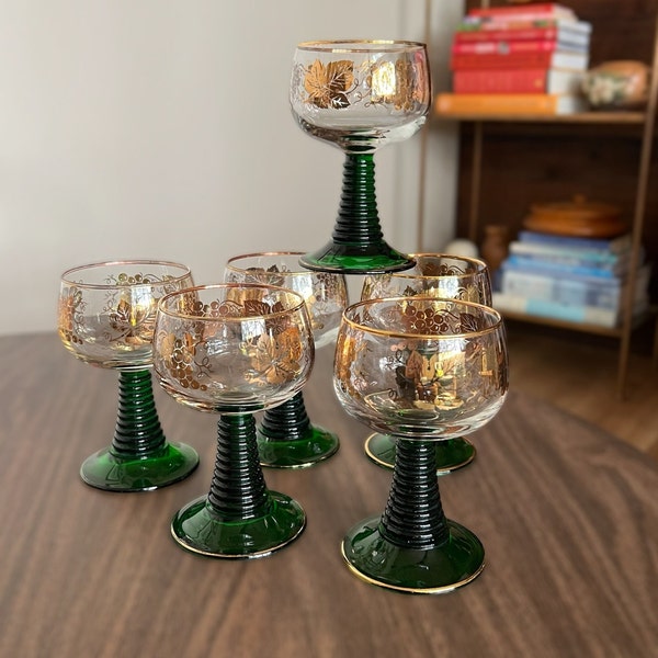 Set of 6 Vintage Roemer Green Stem with Gold Detail Wine Glasses Made in Germany | MCM Green Glasses | German Roemer | Ribbed Roemer Glasses