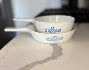 Set of Blue Cornflower 6 1/2 Inch P-83-B Skillet and 1 1/2 Pint Menu-ette Pan P-82-B by Corning Ware | Vintage Kitchen | Cornflower Menuette