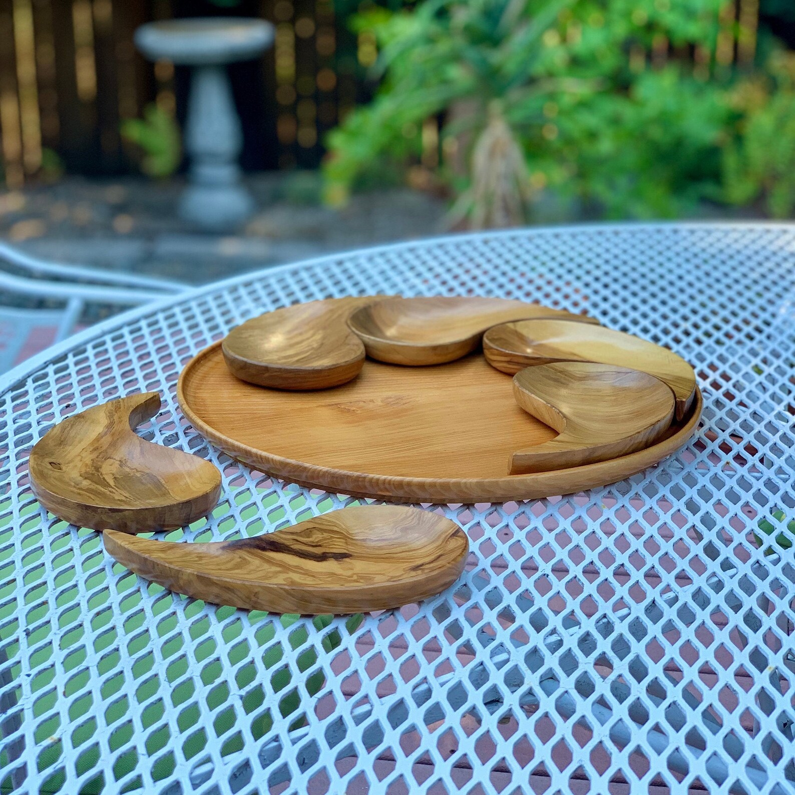 Vintage Wood Serving Tray Set With 6 Individual Trays Round Etsy UK