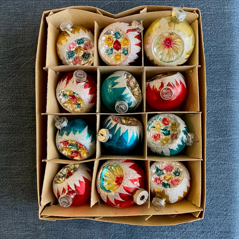 Set of 12 Vintage Indented Glass Mica Ornaments Made in West Etsy