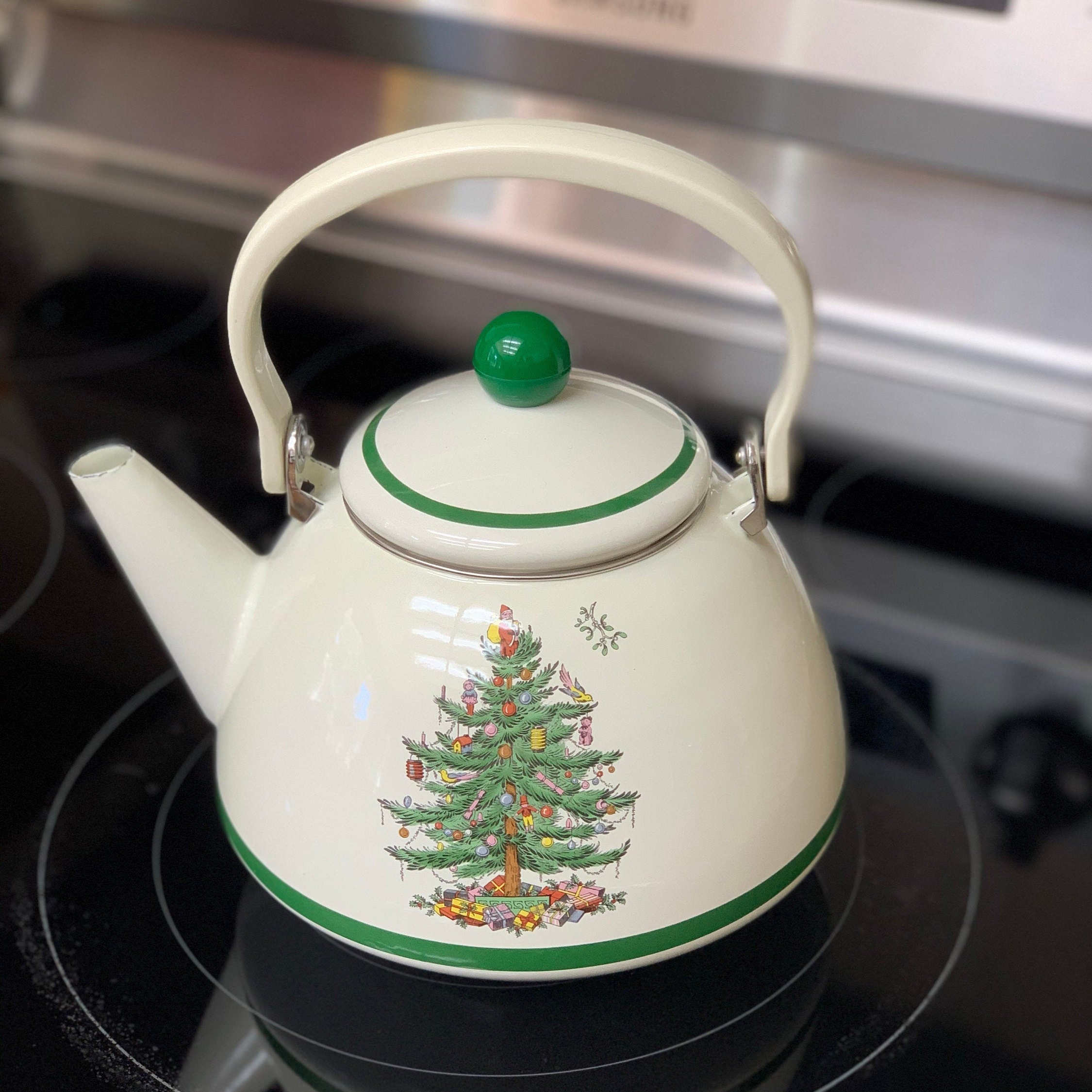 1980s Spode Christmas Tree Enamel Metal Tea Kettle