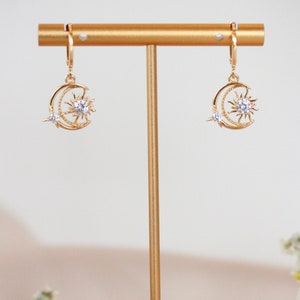 Minimalist Gold Moon & Star Huggie Hoop Earrings - Gold Plated Cubic Zirconia