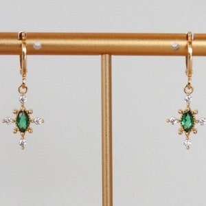 Minimalist Gold Emerald Drop Huggie Hoop Earrings - Gold Plated Cubic Zirconia