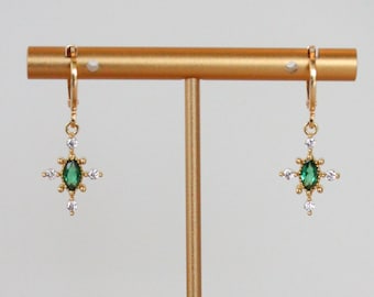 Minimalist Gold Emerald Drop Huggie Hoop Earrings - Gold Plated Cubic Zirconia