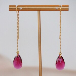 Swarovski Crystal Ruby Earrings - 14kt Gold Filled - Dangle Earrings - Long Dangling Teardrop Threaders - Bridal Jewelry