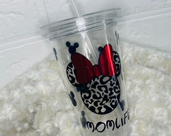 Clear Minnie Mouse mom life leopard tumbler
