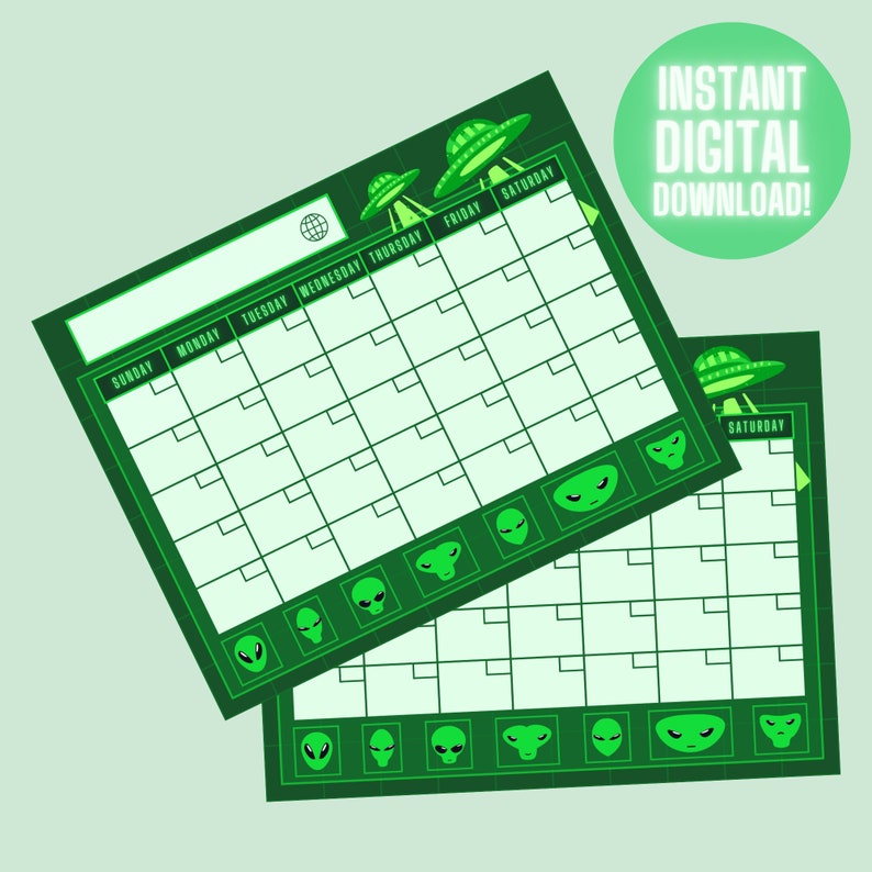 Alien UFO Monthly Calendar Printable, Downloadable Planner, Space ...