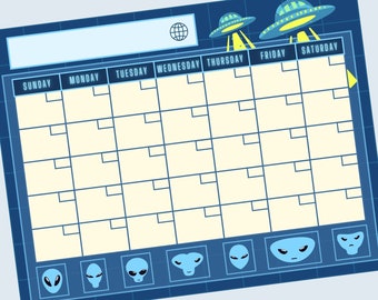Alien UFO Monthly Calendar Printable, Downloadable Planner, Space Science Fiction Office Décor, Home Decoration, Futuristic, Flying Saucer