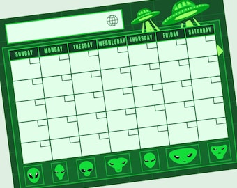 Alien UFO Monthly Calendar Printable, Downloadable Planner, Space Science Fiction Home Décor, Office Decoration, Spaceship, Flying Saucer