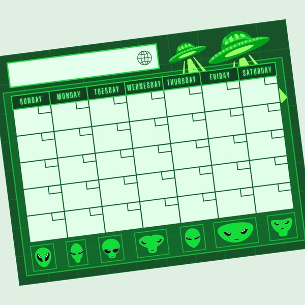 Alien UFO Monthly Calendar Printable, Downloadable Planner, Space Science Fiction Home Décor, Office Decoration, Spaceship, Flying Saucer