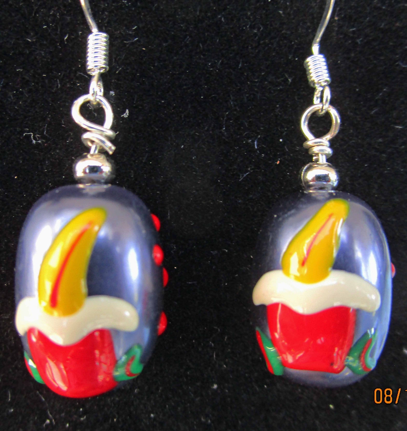Christmas Candle Earrings. Handmade lampwork beads. Purple Etsy