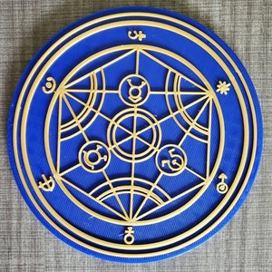 Puede incluir: Un posavasos circular azul con un dise&ntilde;o geom&eacute;trico dorado. El dise&ntilde;o presenta un c&iacute;rculo en el centro con una estrella, una luna creciente y un s&iacute;mbolo solar. El c&iacute;rculo est&aacute; rodeado por una serie de c&iacute;rculos conc&eacute;ntricos y l&iacute;neas.
