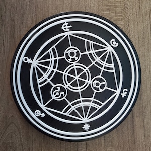 Puede incluir: Posavasos circular negro y blanco con un diseño geométrico que presenta una estrella central y varios símbolos. El diseño recuerda a un símbolo mágico o místico.