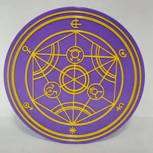 Puede incluir: Un plato decorativo circular morado con un dise&ntilde;o geom&eacute;trico amarillo. El dise&ntilde;o presenta un c&iacute;rculo con una estrella en el centro, rodeado de una serie de c&iacute;rculos conc&eacute;ntricos y formas geom&eacute;tricas.