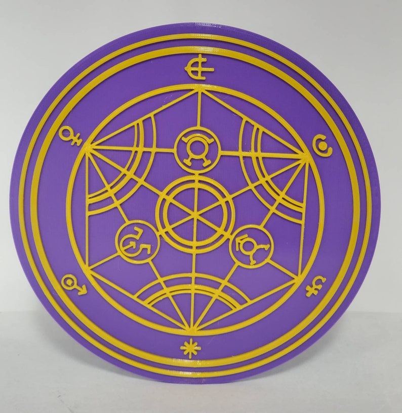 Puede incluir: Un plato decorativo circular morado con un dise&ntilde;o geom&eacute;trico amarillo. El dise&ntilde;o presenta un c&iacute;rculo con una estrella en el centro, rodeado de una serie de c&iacute;rculos conc&eacute;ntricos y formas geom&eacute;tricas.