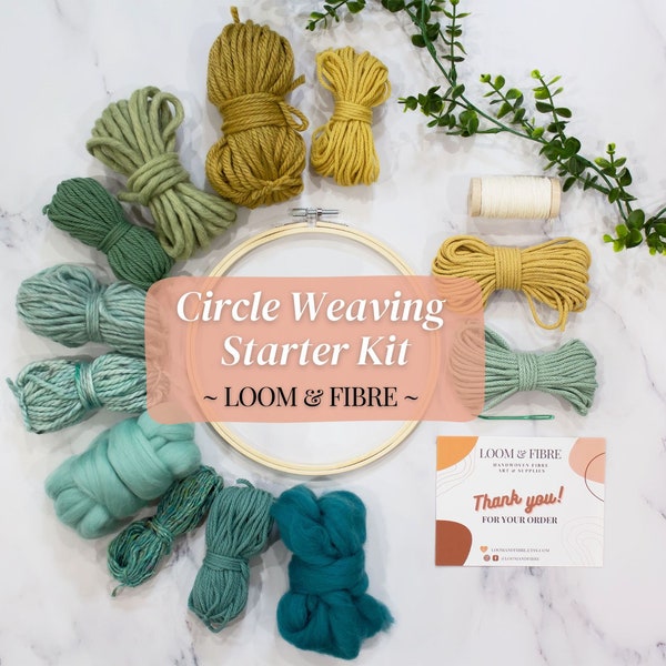 Circle Weaving Kit - Round Weaving Starter Kit - Beginner Weaving Kit - 8 Inch Circular Loom Kit - Fiber Arts and Crafts - Aqua Greens Blues