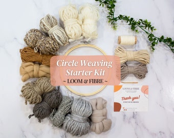 Circle Weaving Kit - Round Weaving Starter Kit - Beginner Weaving Kit - 8 Inch Circular Loom Kit - Fiber Crafts - Cream, Beige, Grey