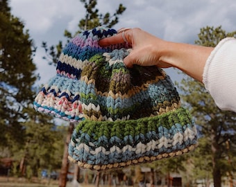 Colorful & Chunky Hand Knit Wool Scrap Beanies. Sustainable, Outdoorsy, One-of-a-Kind Hat Made to Order by Hand! Granola Girl Hats.