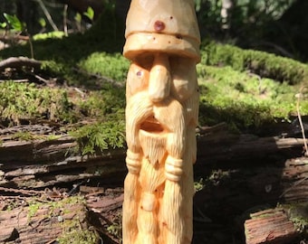 Jorhim is a hand-carved wood gnome He tends the conifers in the forest. Douglas fir who will delight any gnome lover