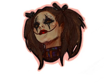 May include: A digital illustration of a woman with brown hair in pigtails wearing a black and white clown makeup with red lipstick. The woman is looking up and smiling.