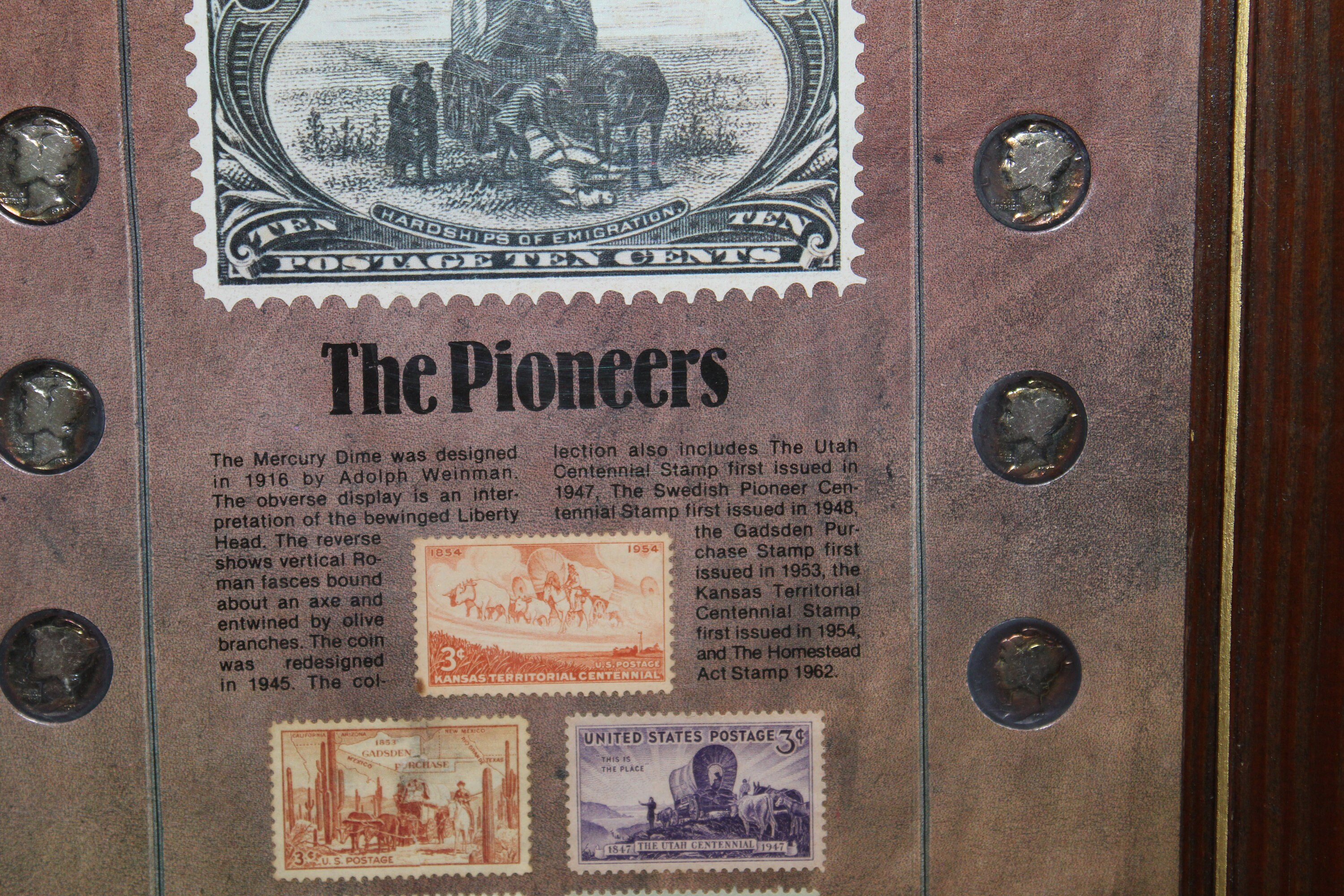 Vintage Coin and Stamp Collection Framed Art the Pioneers, the Forty