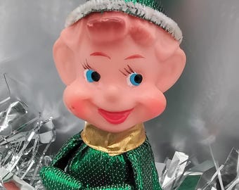 Vintage Shiny Brite Metallic Pixie Elf Christmas Easter Ornament, MCM Green Japan Decor