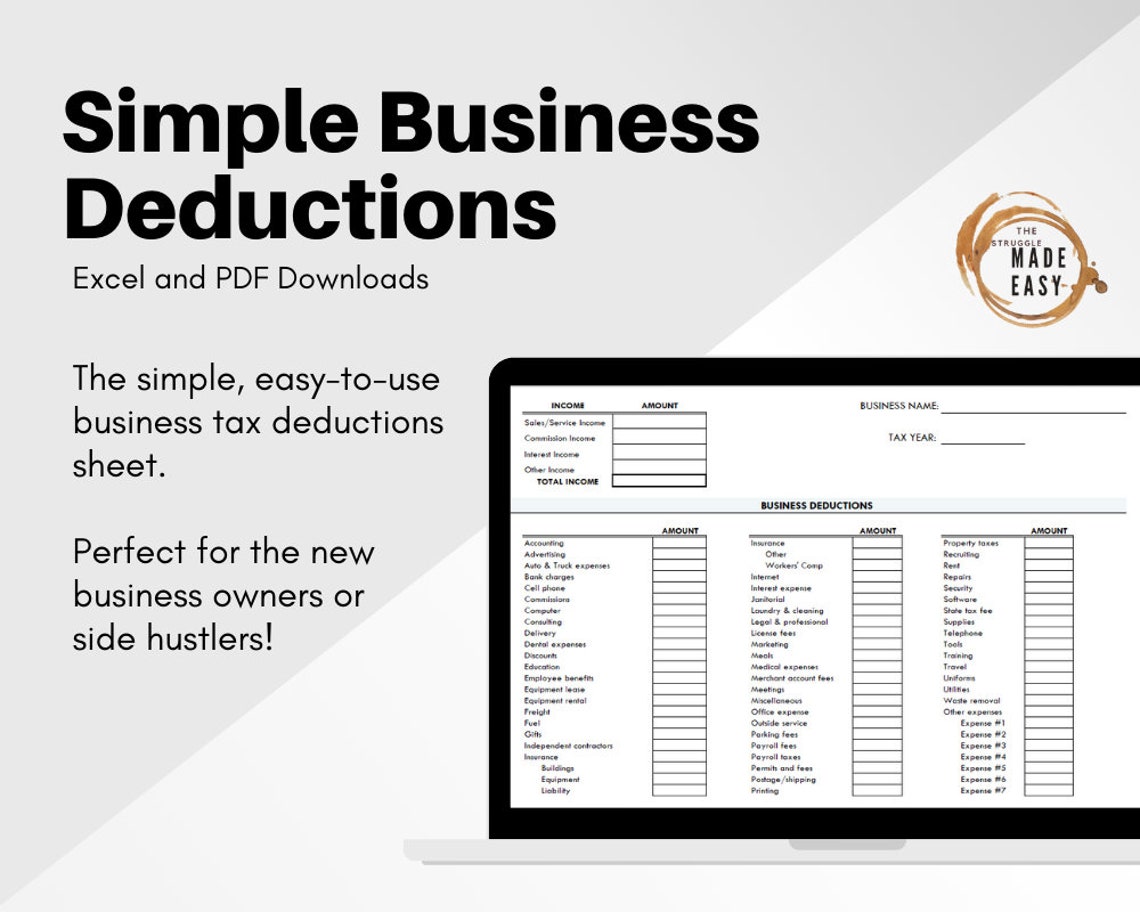 Simple Business Deductions Excel PDF Tax Deductions List Etsy