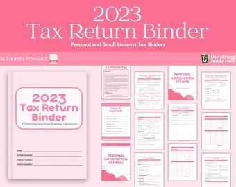 May include: A pink and white 2023 Tax Return Binder for personal and small business tax returns. The binder includes a table of contents, a letter to you, and sections for personal information, income, adjustments, and other.