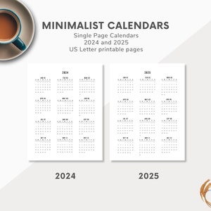 2024 2025 Minimalist Calendars Printable Calendar 2024-2025 Calendar Template Annual One Page Calendars PDF Download