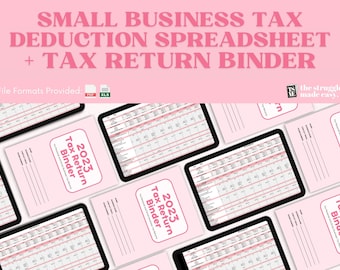 Op de afbeelding: Een roze en witte digitale download voor een kleine zakelijke belastingaftrekspreadsheet en een belastingaangiftemap. De aangeboden bestandsformaten zijn PDF en XLS. De tekst "The struggle made easy." is ook in de afbeelding opgenomen.